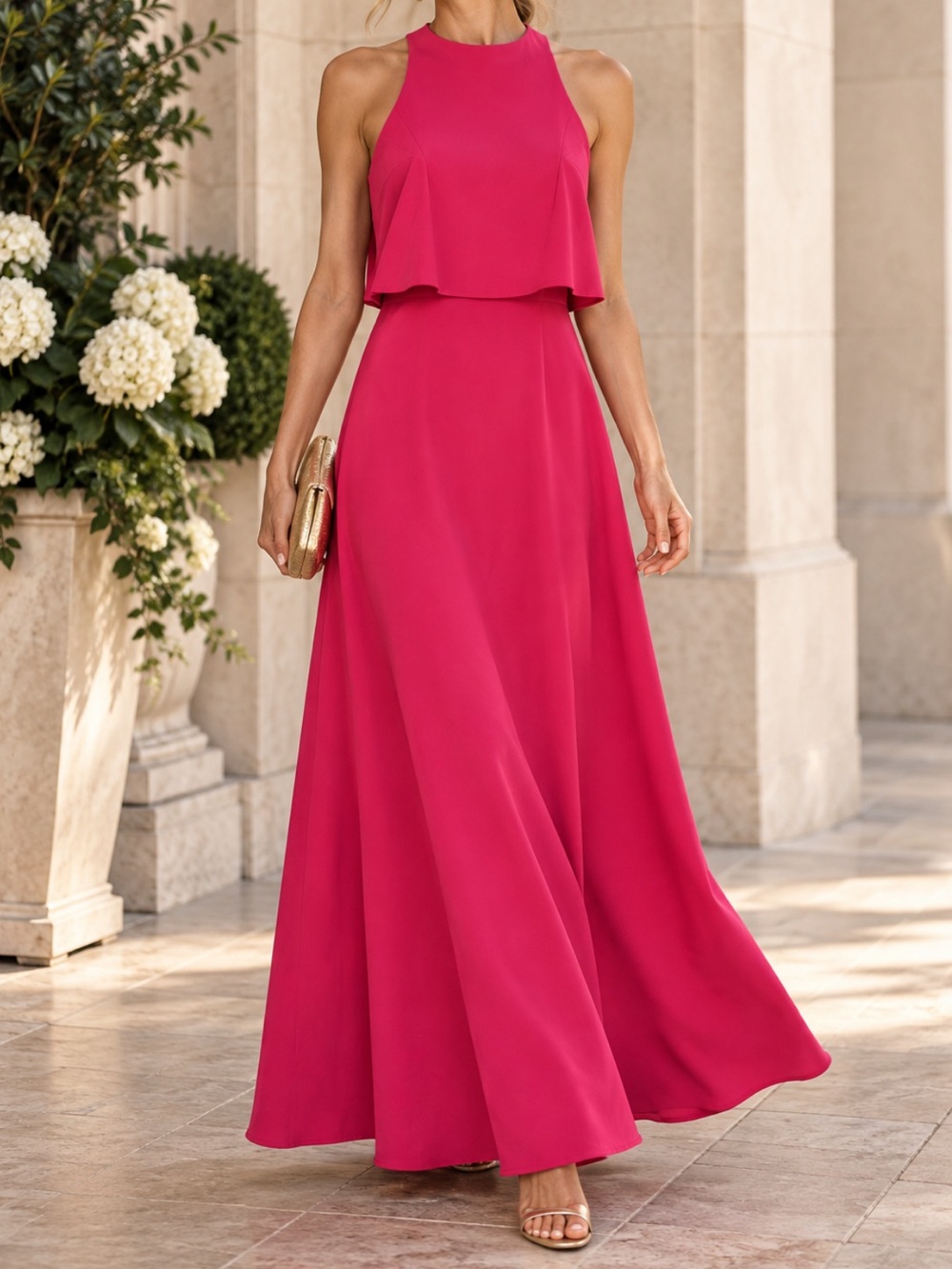Jill Stuart Pink Fuchsia Layered Halter Maxi Dress Size 6